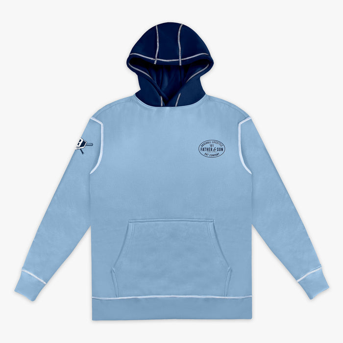 Flat lay front view of the adult columbia blue BL101 Bat Co Hoodie showing the Father & Son Bat Company chest stamp, BL101 sleeve logo, navy contrast hood, and kangaroo pocket.