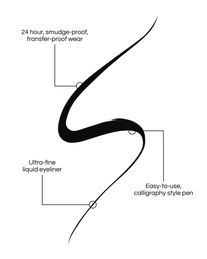 Black Kitten Flick liquid eyeliner swatch with text: 24 hour, smudge-proof, transfer-proof wear. Ultra-fine liquid eyeliner. Easy-to-use, calligraphy style pen.
