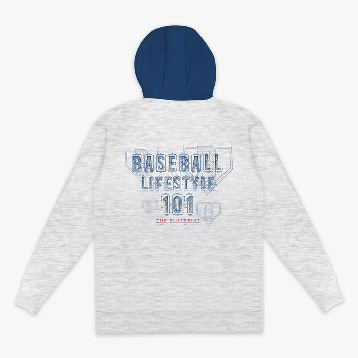 Gray hoodie with navy blue hood on a white background, featuring 'Baseball Lifestyle 101 The blueprint' logo.