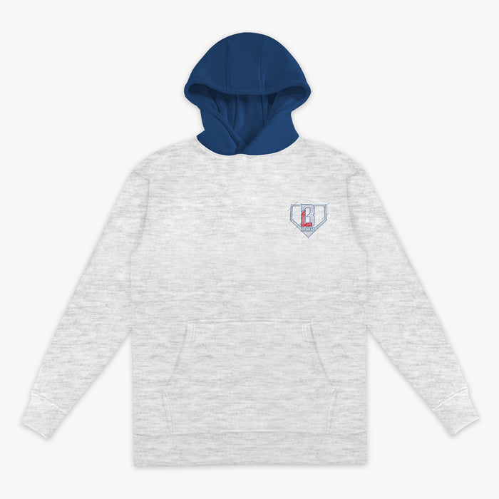 Gray hoodie with blue hood with a blue an red BL101 logo on a white background
