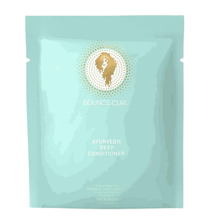 Bounce Curl Ayurvedic Deep Conditioner Deluxe 44ml sample packet with Amla, Shikakai, and Baobab Oil for deep hydration and softness