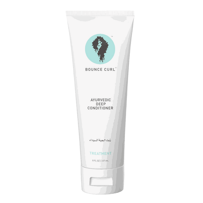 Bounce Curl Ayurvedic Deep Conditioner jar with natural herbal ingredients for soft, hydrated, shiny hair without weighing down, suitable for all hair types
