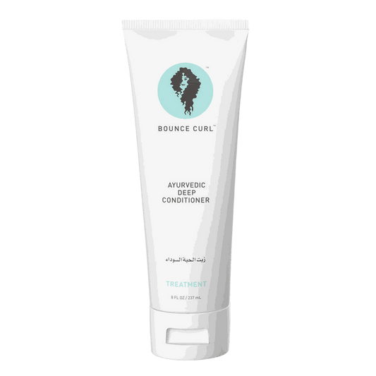 Bounce Curl Ayurvedic Deep Conditioner jar with natural herbal ingredients for soft, hydrated, shiny hair without weighing down, suitable for all hair types