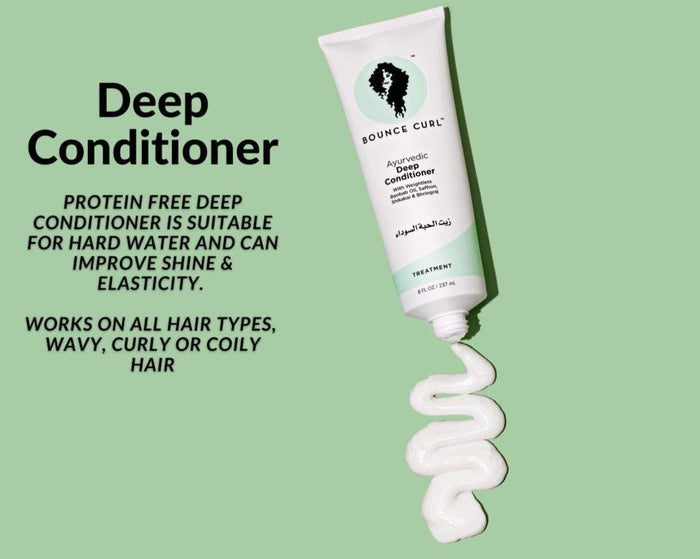Bounce Curl Ayurvedic Deep Conditioner tube with conditioner cream on green background, protein-free deep conditioner for all hair types enhancing shine and elasticity.