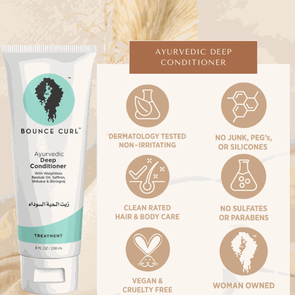 Bounce Curl Ayurvedic Deep Conditioner for soft, moisturized, shiny hair with natural herbs and lightweight oils, protein-free and suitable for all hair types.