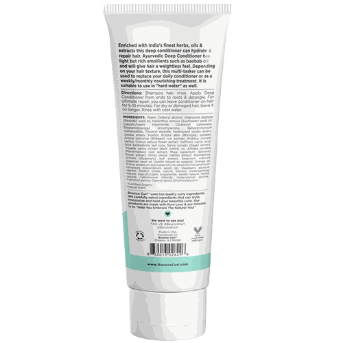 Bounce Curl Ayurvedic Deep Conditioner tube with ingredient and usage details
