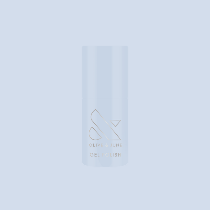 BP - Gel bottle displayed on a soft icy blue background representing a long-lasting gel polish by Olive and June