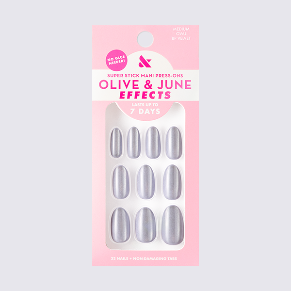 BP Velvet | Medium | Oval - Tab Press-On nails in pastel icy blue with a magnetic velvet finish in packaging