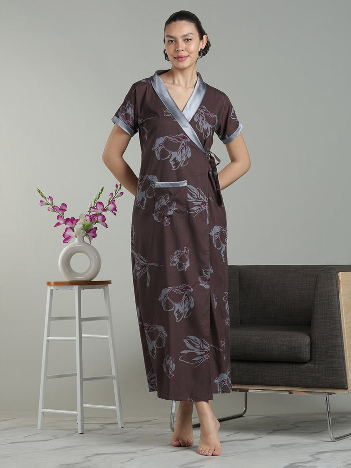 Brown mist viscose blend branded housecoat for women