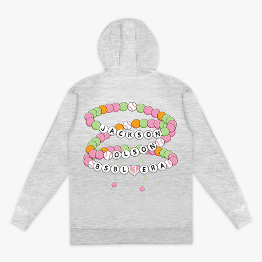 Gray hoodie with colorful "Jackson Olson BSBL Era" graphic design on the back