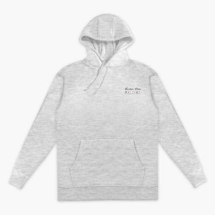 Gray hoodie with a brand logo on a white background