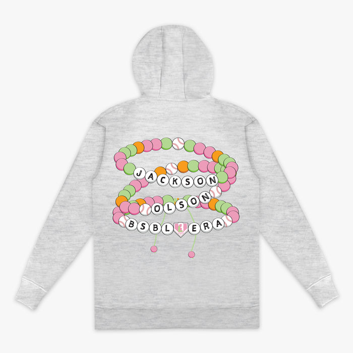 Gray hoodie with colorful "Jackson Olson BSBL Era" graphic design on the back