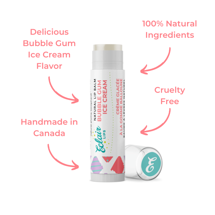 Lip balm tube with bubble gum ice cream flavor.