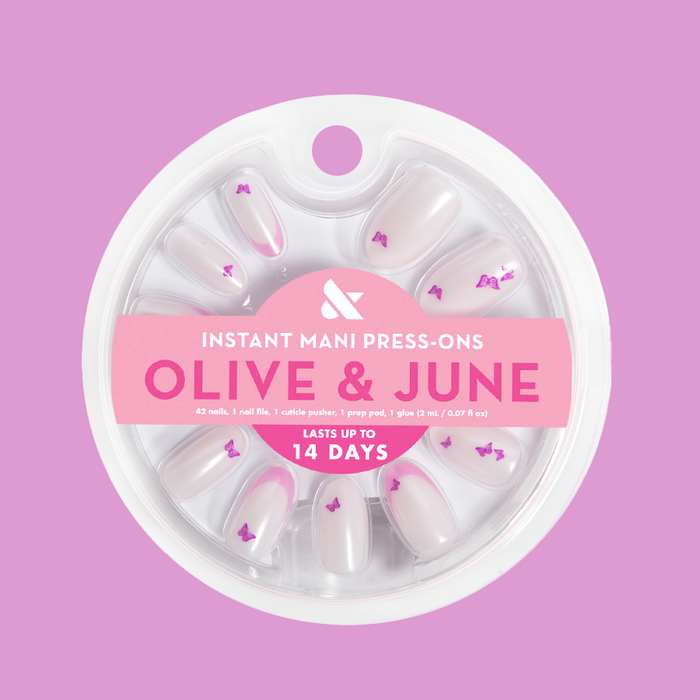Butterfly Mixed French - Press-On | Medium | Oval with neutral base, pinky-purple tips, and tiny butterfly accents for easy at-home mani