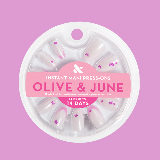 Butterfly Mixed French - Press-On | Medium | Oval with neutral base, pinky-purple tips, and tiny butterfly accents for easy at-home mani