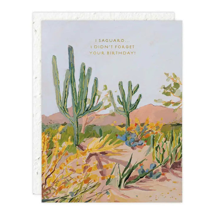 Birthday card with colorful desert scene and green cactus illustrations