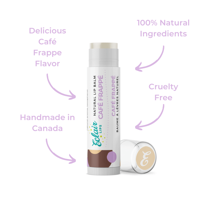 Lip balm tube with Café Frappe label and a fallen tube.
