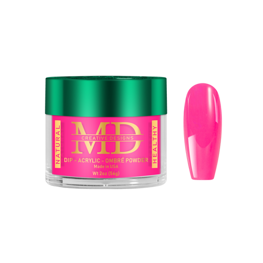 Jar of MD nail powder with a pink nail tip color swatch on a white background