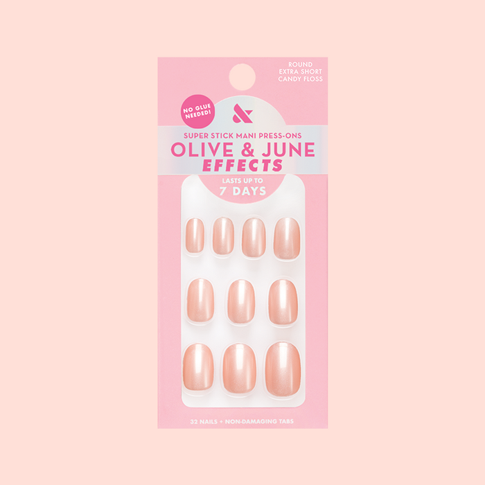 Candy Floss | Extra Short | Round - Tab Press-On nails in soft shimmery pink shade with quick stick tabs for easy mani application