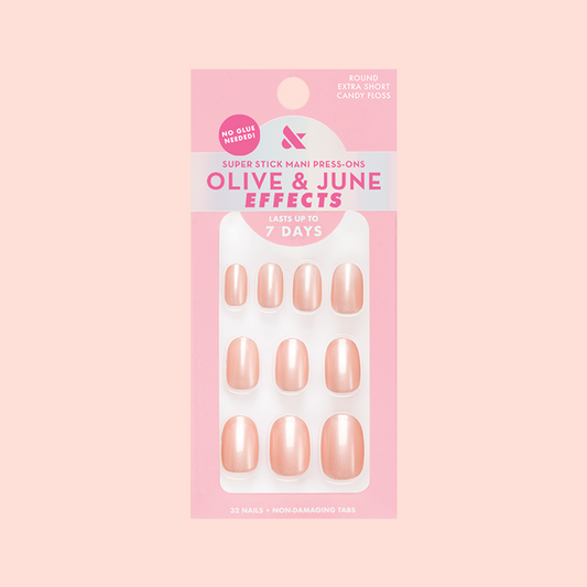 Candy Floss | Extra Short | Round - Tab Press-On nails in soft shimmery pink shade with quick stick tabs for easy mani application