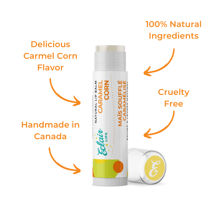 Eclair Lips Caramel Corn lip balm, handmade in Canada, cruelty-free.