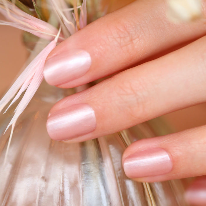 A close-up of a hand with neatly manicured nails painted in Manucurist’s Carnation, a soft pearly pink beige polish, gently touching a vase filled with delicate pink and beige dried flowers.