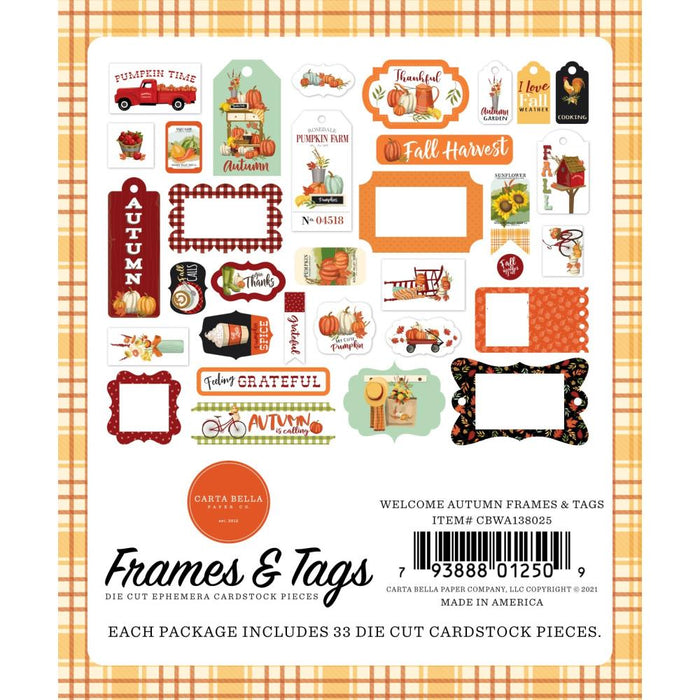 Carta Bella - Cardstock Ephemera - 33/Pkg - Frames & Tags - Welcome Autumn. Available at Embellish Away located in Bowmanville Ontario Canada.