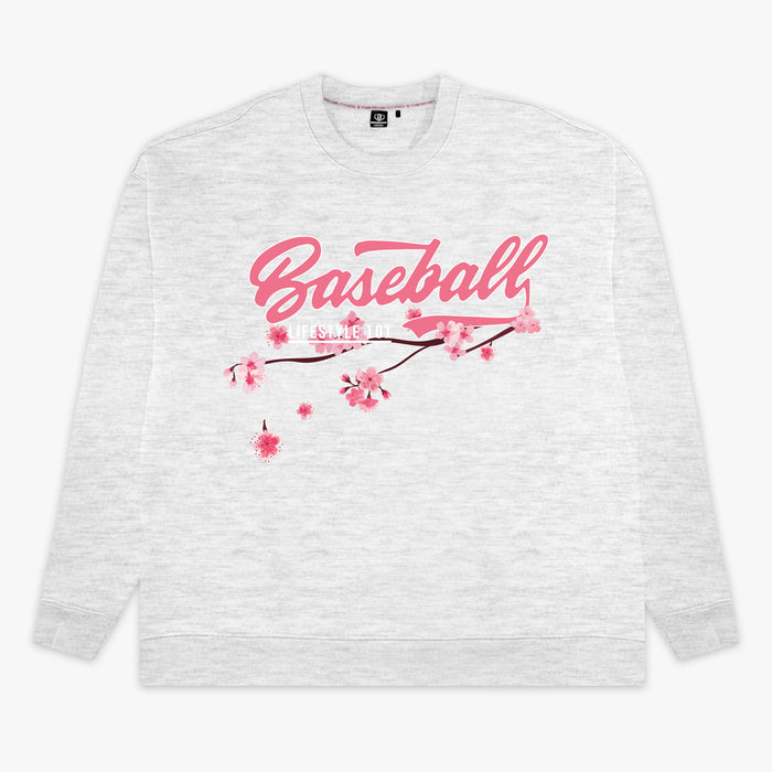 Gray youth crewneck with “Cherry Blossoms Established” design — front view
