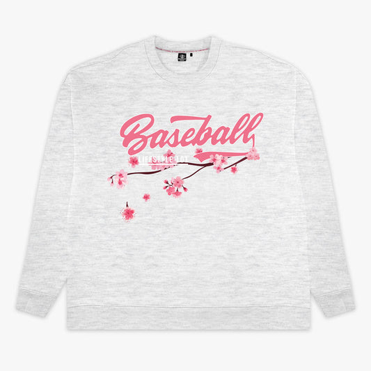 Gray youth crewneck with “Cherry Blossoms Established” design — front view