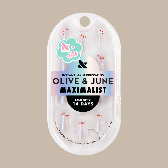 Cherry Floral Chrome French - Press-On | Medium | Oval with shimmery chrome base and cherry tip design in clear packaging