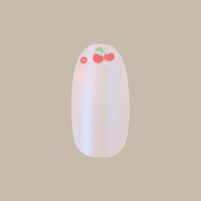 Cherry Floral Chrome French - Press-On | Medium | Oval with shimmery chrome base and small cherry and flower accents