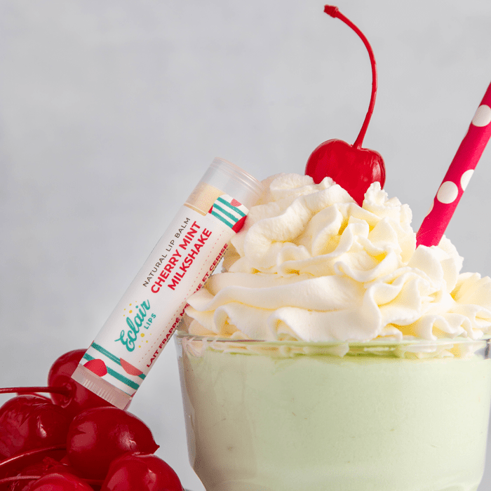 Eclair Lips Cherry Mint Milkshake lip balm with cherries.