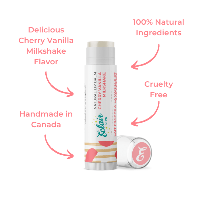 Lip balm tube with Cherry Vanilla Milkshake label.