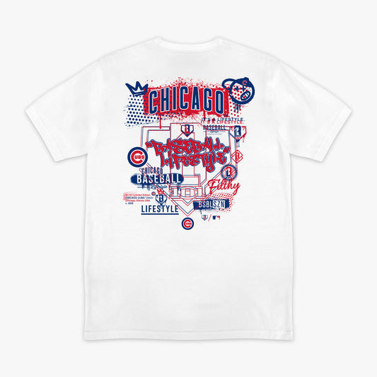 Graphic tee with “Chicago Cubs Drip” design — back view