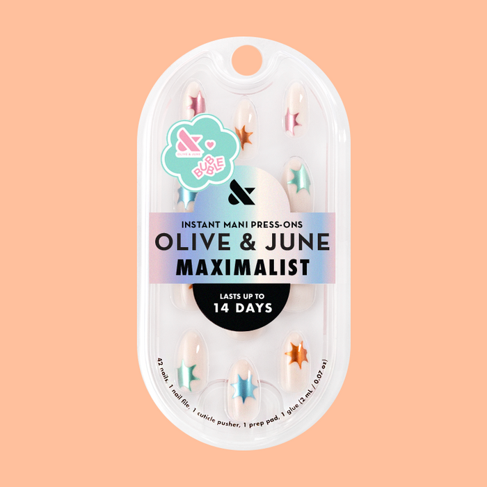 Chrome Burst - Press-On | Medium | Almond neutral almond press-on nails with colorful chrome starburst accents in clear packaging