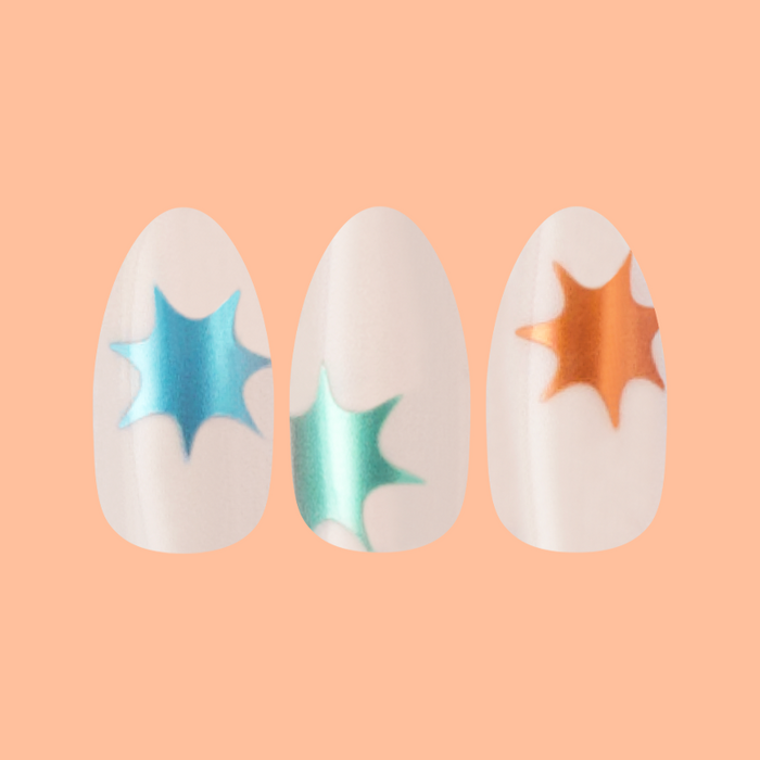 Chrome Burst - Press-On | Medium | Almond neutral nails with colorful chrome starburst designs on soft peach background
