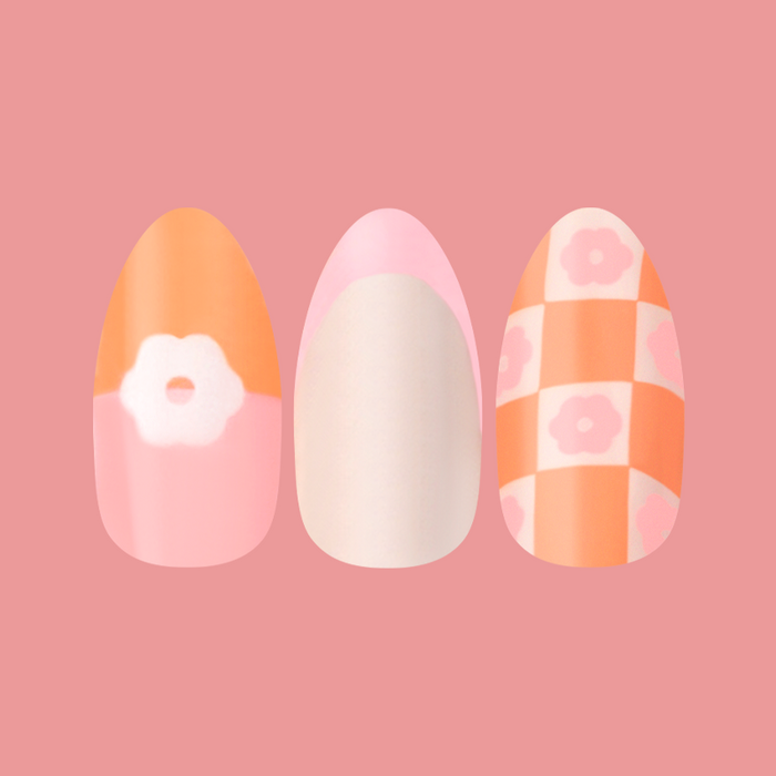 Chrome Flower Mixed Pack - Press-On | Medium | Almond featuring floral and checkered designs in soft orange and pink tones