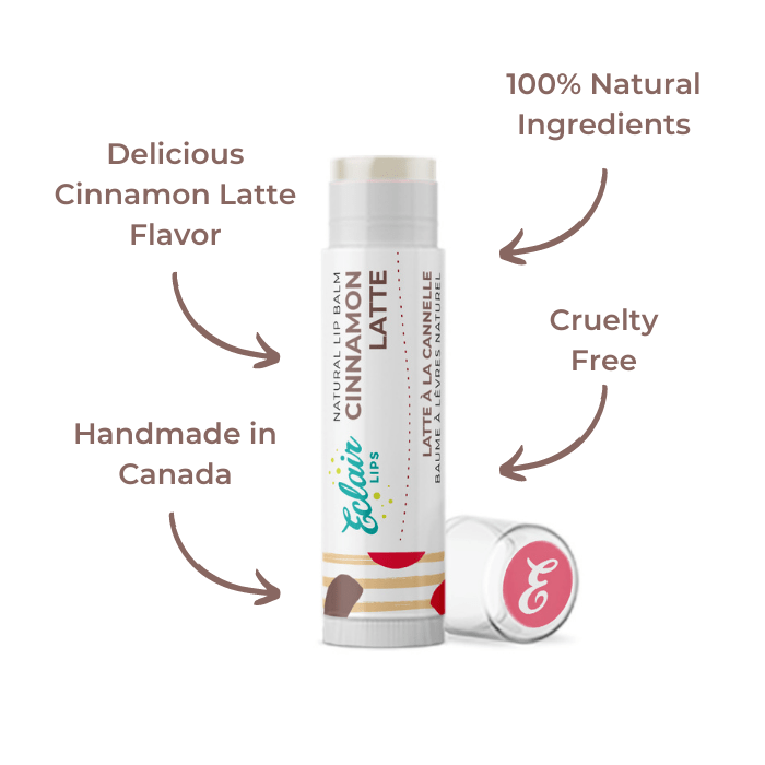 Lip balm tube labeled Cinnamon Latte with product information.