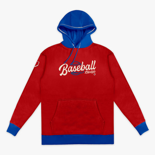 Back flat lay of the BL101 Baseball Lifestyle red hoodie with a royal blue hood and cuffs, showing the sleeve patch on a white background.