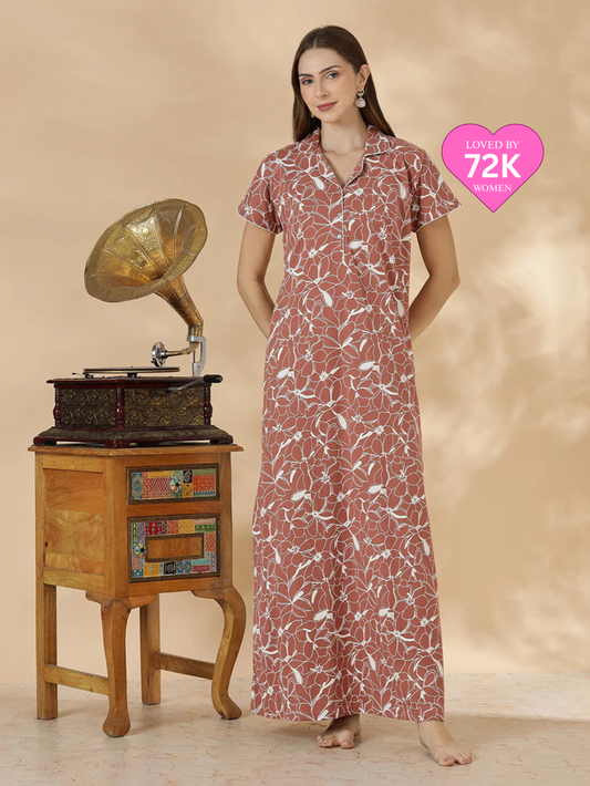 Clay Floral Hosiery Cotton Designer Nighty for Women Soft A Line Fit