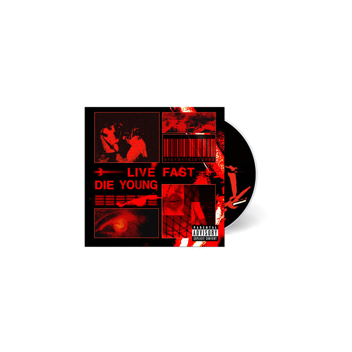 A Comastatic CD case with a red and black cover featuring distorted images, “LIVE FAST DIE YOUNG” text, a parental advisory label—radiating the heavy glow of an American nightmare.