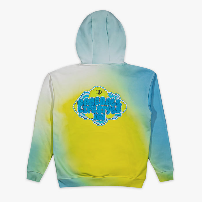 Gradient hoodie with blue and yellow and BL101 logo on a white background