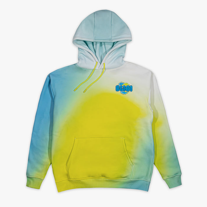 Gradient hoodie transitioning from blue to yellow with BL101 logo on a white background