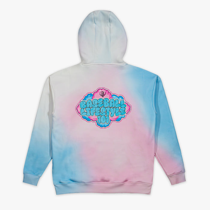 Blue and pink tie-dye hoodie with Baseball Lifestyle 101 logo on a white background