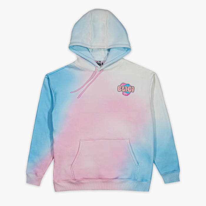 Gradient hoodie transitioning from pink to blue and BL101 logo on a white background