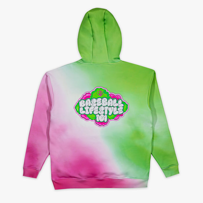 Gradient green to pink hoodie with 'Baseball Lifestyle 101' logo on a white background