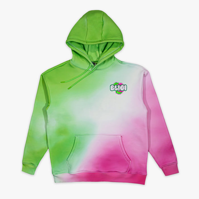 Green to pink gradient hoodie with a 'BL101' logo on a white background