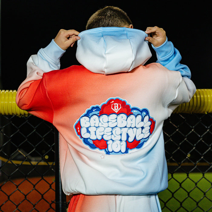 Youth model wearing red, white & blue Cotton Candy USA youth hoodie