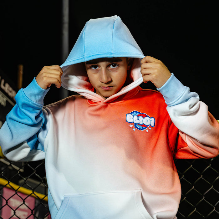 Youth model wearing red, white & blue Cotton Candy USA youth hoodie