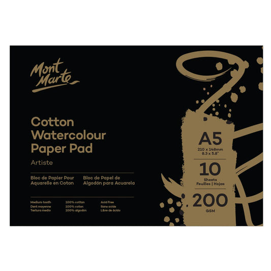 Cotton Watercolour Paper Artiste 200gsm A5 (8.3 x 5.8in) 10 Sheets